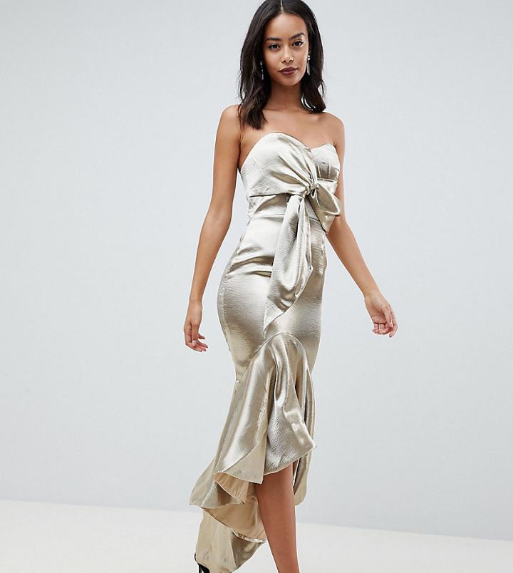 Jarlo Tall Wrap Front Bardot Midi Dress With Fluted High Low Hem-gold