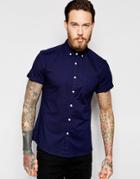 Asos Skinny Oxford Shirt In Navy With Short Sleeves - Navy
