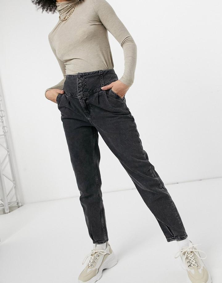 River Island High Waisted Straight Cut Peg Jeans In Washed Black