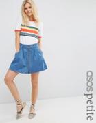 Asos Petite Denim Button Front Mini Skater Skirt In Mid Wash Blue - Bl