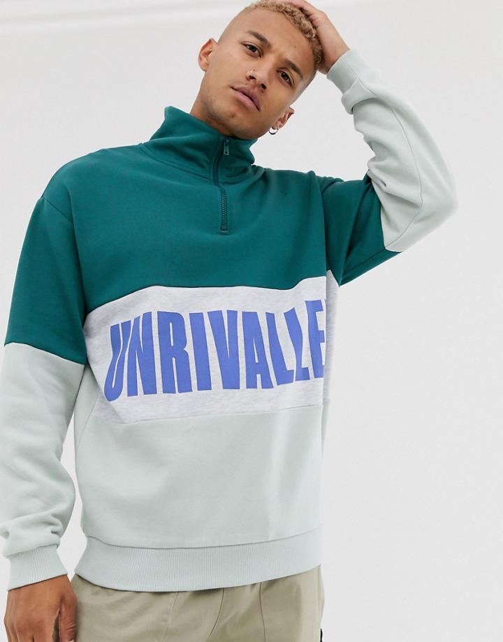 Asos Design Oversized Half Zip Sweatshirt With Color Block Logo