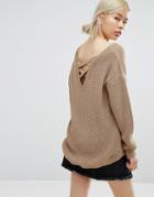 Daisy Street Oversized Sweater With Strap Back Detail - Beige