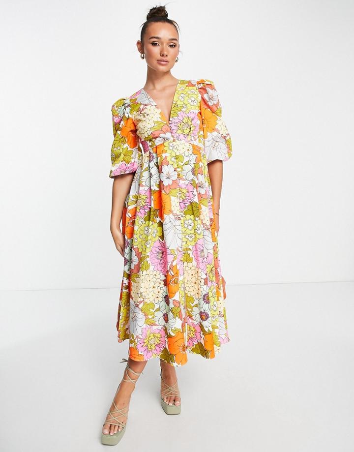 Asos Edition Cotton Twill Button Front Midi Dress In Red Floral Print-multi