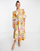 Asos Edition Cotton Twill Button Front Midi Dress In Red Floral Print-multi