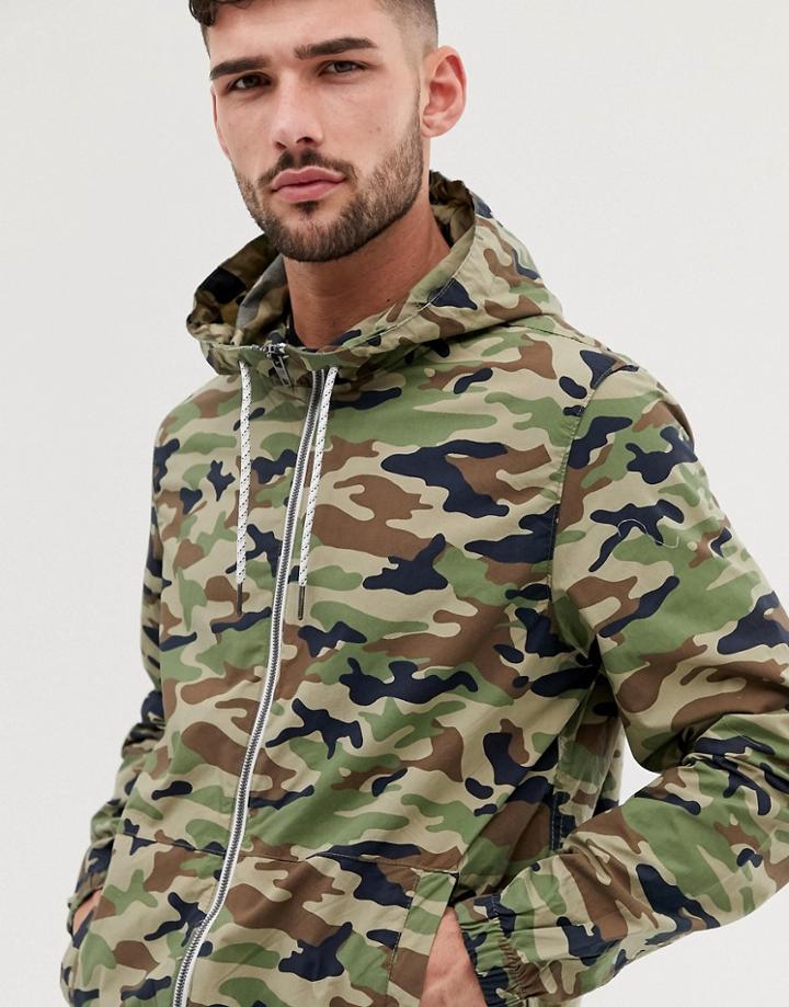 Bershka Join Life Windbreaker Jacket With Hood In Camo - Green