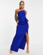 Trendyol One Shoulder Thigh Slit Maxi Dress In Blue