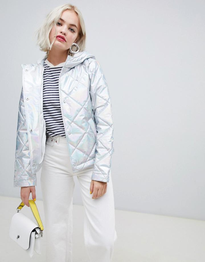 Asos Design Metallic Quilted Jacket - Silver