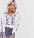 Parisian Petite Wrap Front Top With Contrast Embroidery - White