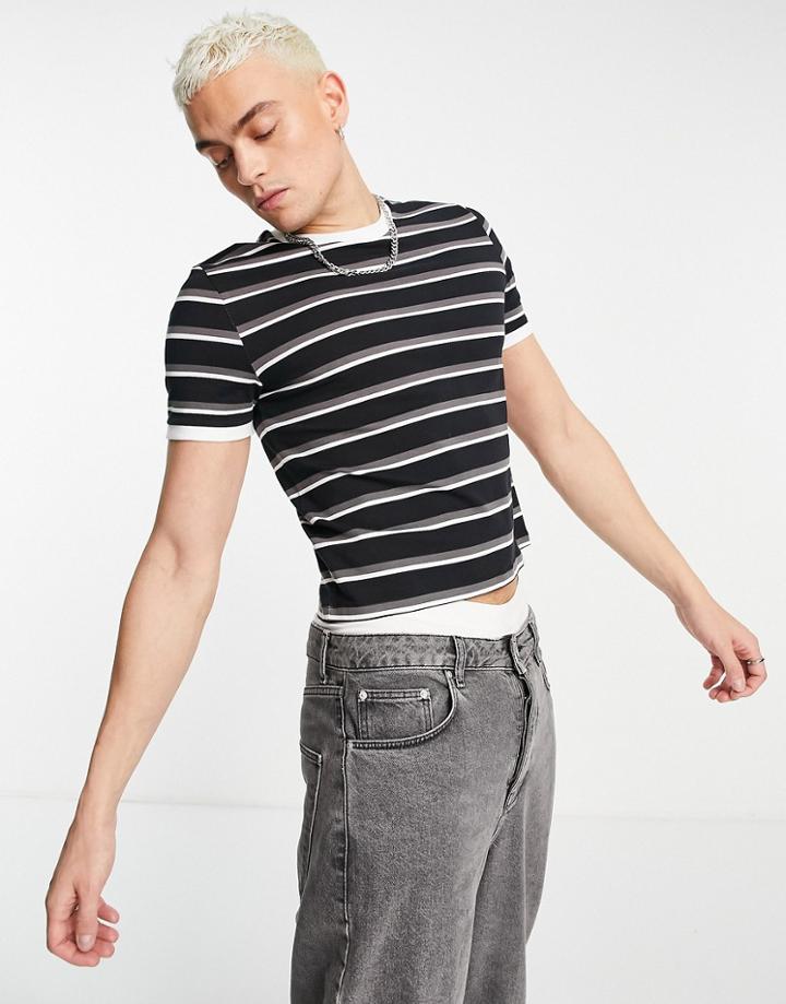 Asos Design Shrunken Fit Stripe T-shirt In Black & White