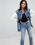 Noisy May Longline Denim Jacket With Teddy Sleeves - Black
