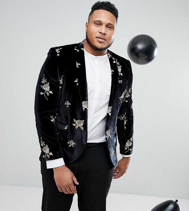 Noose & Monkey Plus Skinny Embroidered Velvet Blazer - Black