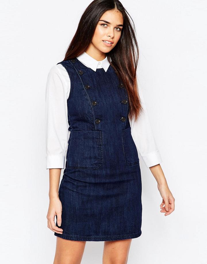 Warehouse Button Detail Denim Dress - Indigo
