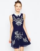 Asos Embroidered Floral Sequin Mini Skater Dress With Collar - Navy