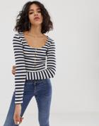 Native Youth Long Sleeve Top With Button Front In Stripe Rib - Navy
