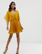 Asos Design Flutter Sleeve Mini Dress With Pleat Skirt - Gray