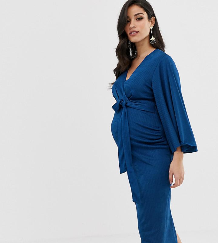Asos Design Maternity Kimono Sleeve Midi Dress With Tie Detail - Blue