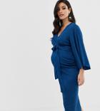 Asos Design Maternity Kimono Sleeve Midi Dress With Tie Detail - Blue
