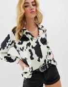 Asos Design Relaxed Satin Long Sleeve Shirt In Cow Animal Print - Multi