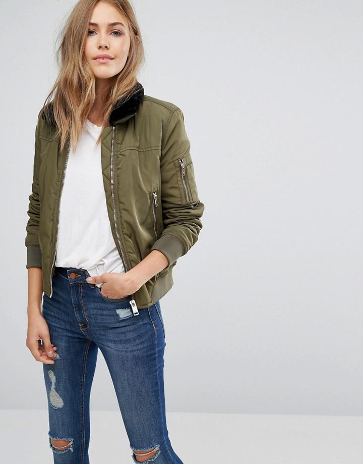 Mango Fur Collar Bomber Jacket - Green