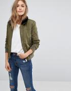 Mango Fur Collar Bomber Jacket - Green