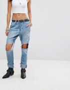 One Teaspoon Cavalries Roll Hem Jeans With Ripped Knees - Blue