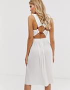 Asos Design Oversized Tortoise Ring Back Pleated Midi Dress-white