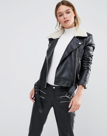 Y.a.s Ash Leather Jacket With White Faux Fur Collar - Black