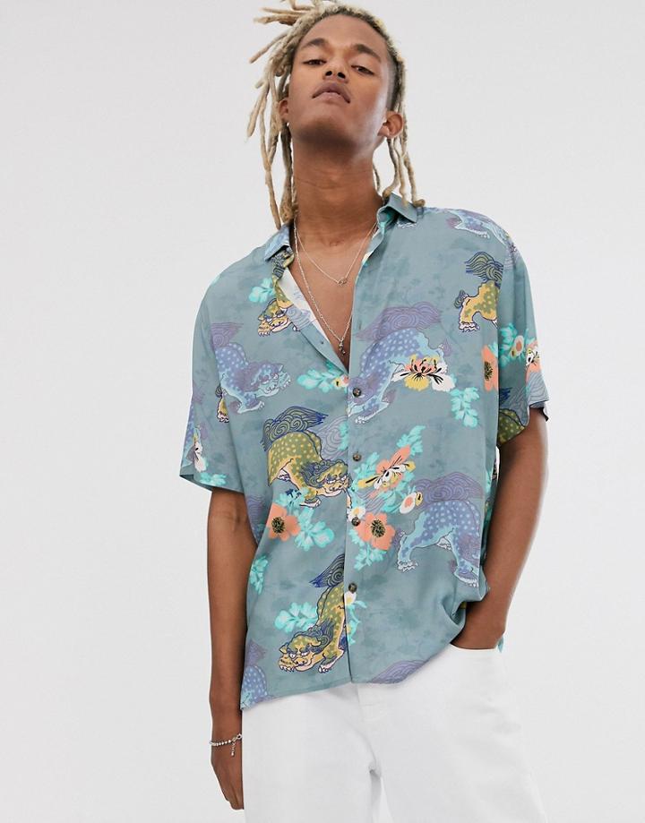 Asos Design Relaxed Dragon Shirt In Blue - Blue