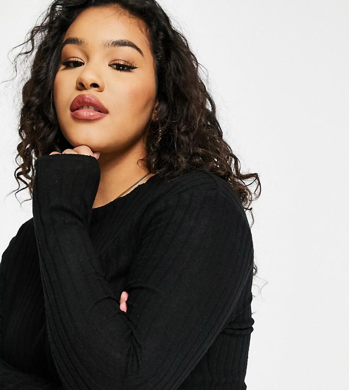 Loungeable Curve Mix & Match Soft Knit Rib Long Sleeve Crop Top In Black