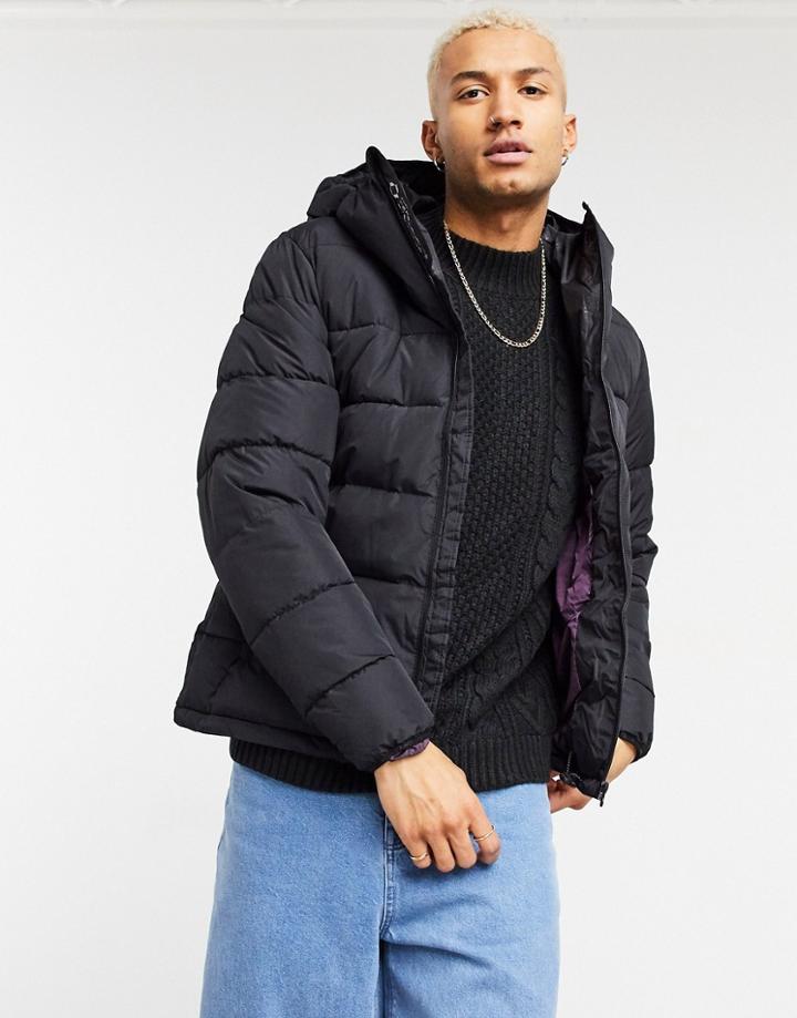 Pull & Bear Padded Puffer Jacket With Hood In Black