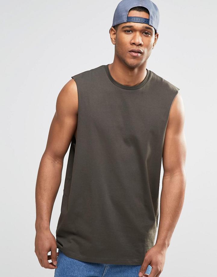 Asos Oversized Sleeveless T-shirt With Raw Edge Armhole In Khaki - Khaki