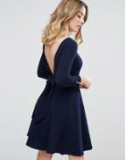 Club L Crepe Skater Dress With Bow Back And Button Detail - Navy