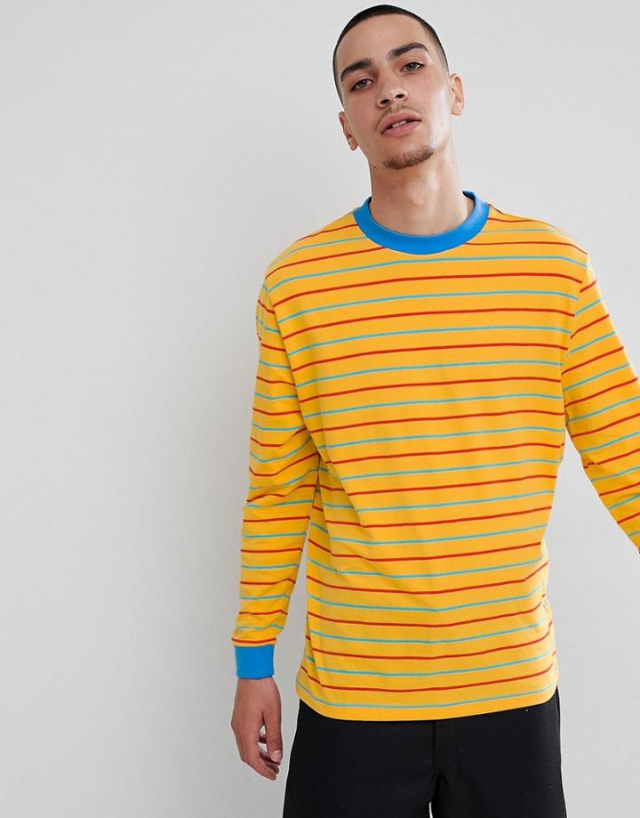 Asos Design Relaxed Long Sleeve T-shirt With Retro Color Stripe - Yellow