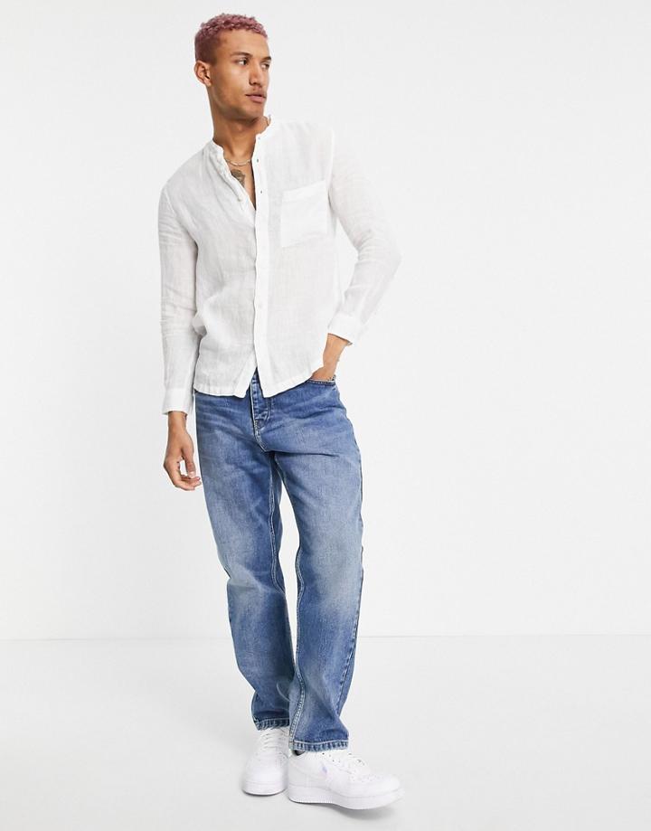 Bershka Linen Shirt In White With Grandad Collar