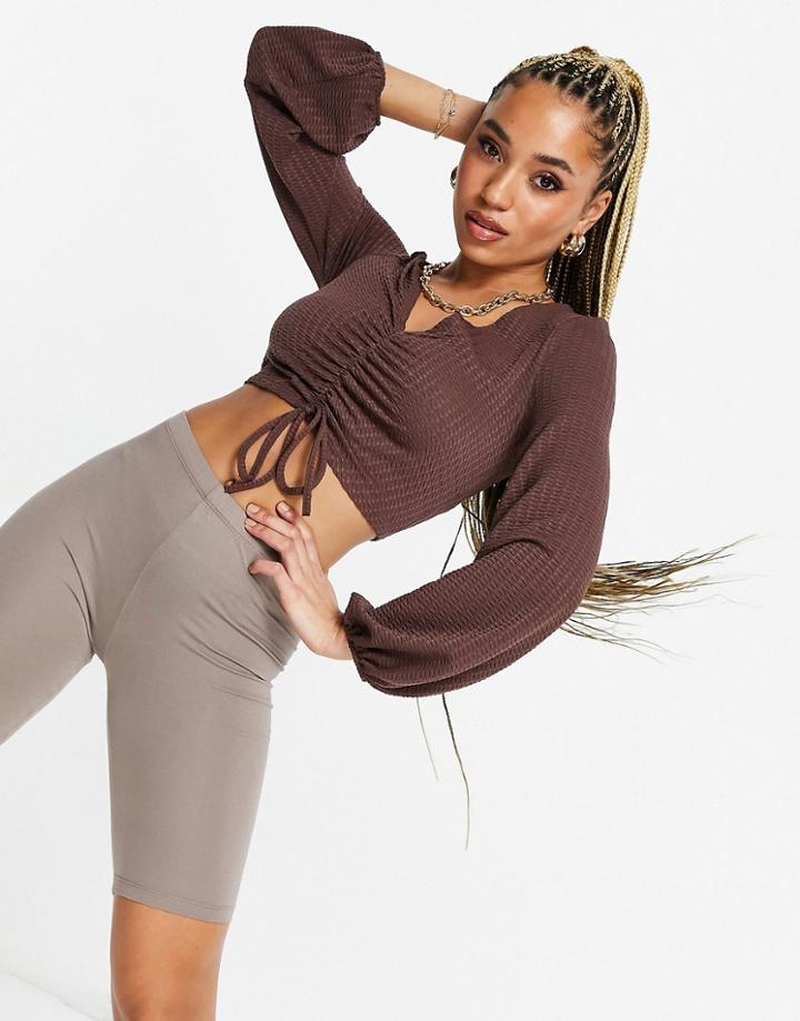 Asos Design Ruched Front Crinkle Long Sleeve Top In Brown-blues