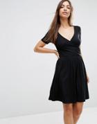 Asos Wrap Skater Dress With Short Sleeves - Black