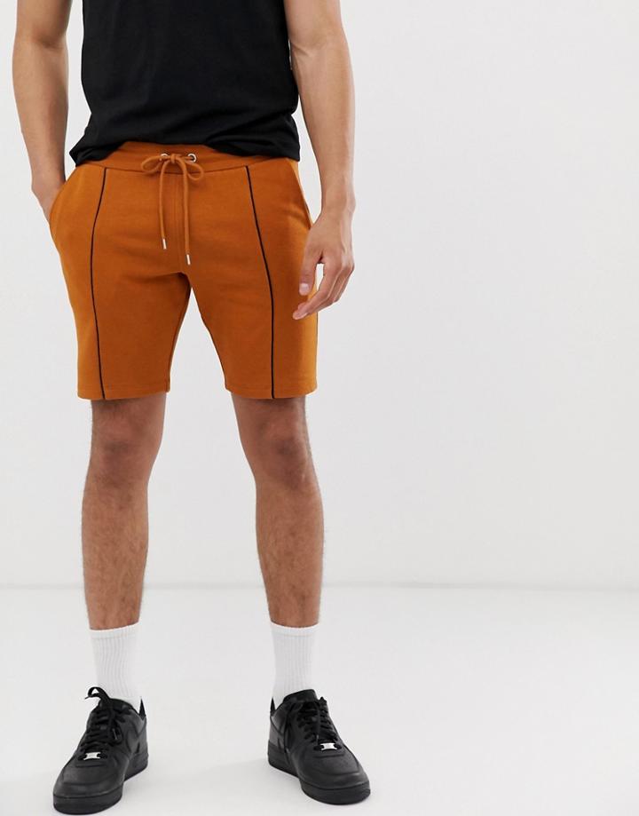 Asos Design Jersey Skinny Shorts With Piping In Rust-orange