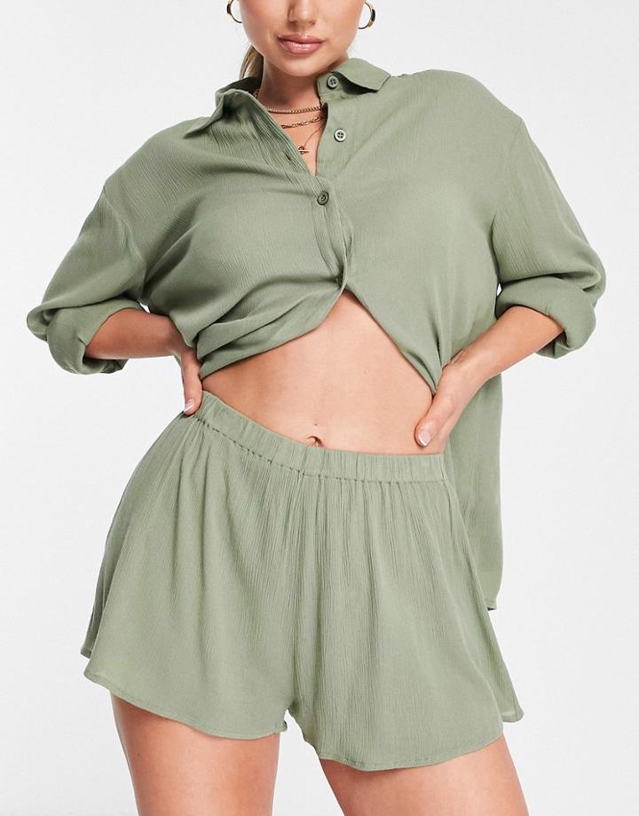 Asos Design Crinkle Beach Short In Khaki - Part Of A Set-green