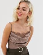 Outrageous Fortune Cowl Front Lace Insert Cami In Taupe Leopard Print - Brown