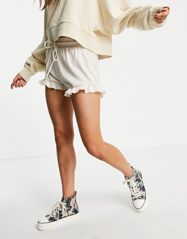 Bershka Rib Short With Frill Hem In Beige-neutral