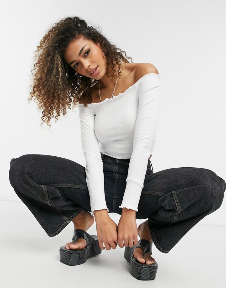 Asos Design Off Shoulder Top With Lettuce Edge In Rib In White