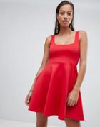 Prettylittlething Square Neck Skater Dress In Red - Red