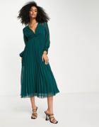 Asos Design Textured Twist Front Pleated Midi Dress In Forest Green