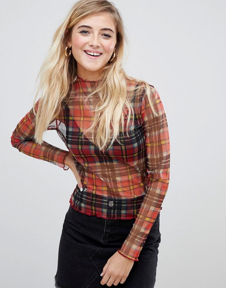 Asos Design Long Sleeve Mesh Top In Check Print - Multi