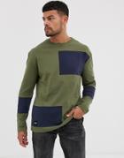 Native Youth Long Sleeve Top In Khaki With Abstract Color Blocking In Navy-green