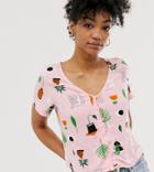 Monki Cropped Blouse With All Over Print In Pink - Pink