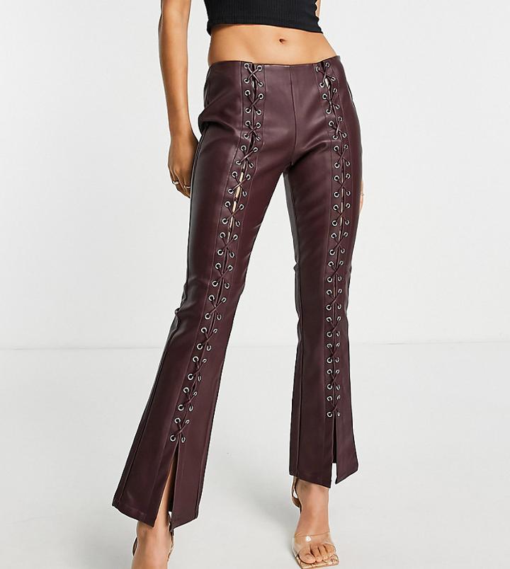 Asos Design Petite Leather Look Lace Up Flare Pant In Plum-red