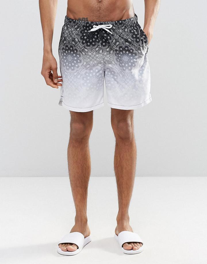 Asos Swim Shorts With Dip Dye Paisley Print In Mid Length - Black