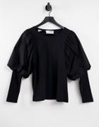 Selected Femme Organic Cotton Blend Long Sleeved T-shirt With Woven Volume Sleeve In Black