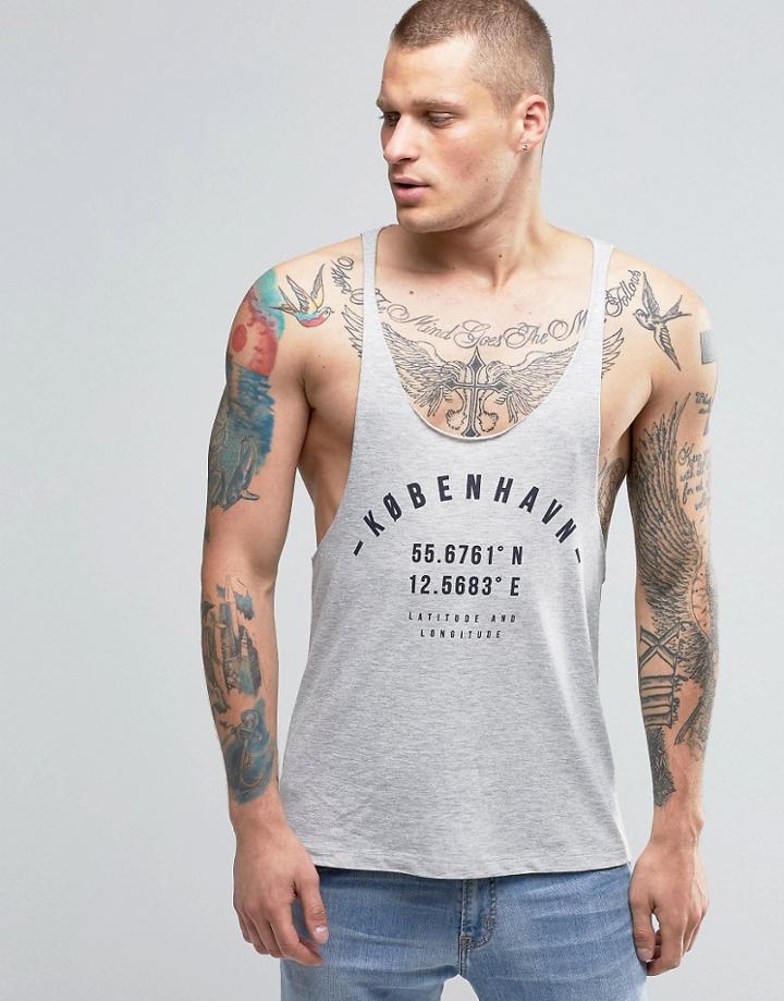 Asos Tank With Copenagen Print And Raw Edge Extreme Racer Back - Gray